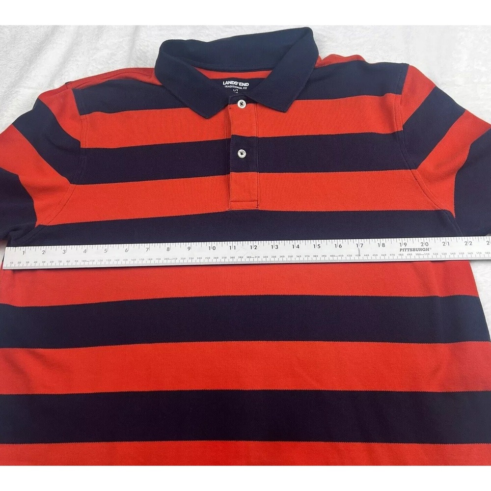Lands' End Men L Tall Polo Shirt Red Navy Striped Golf Nautical Dark Prep Sporty - Picture 12 of 12